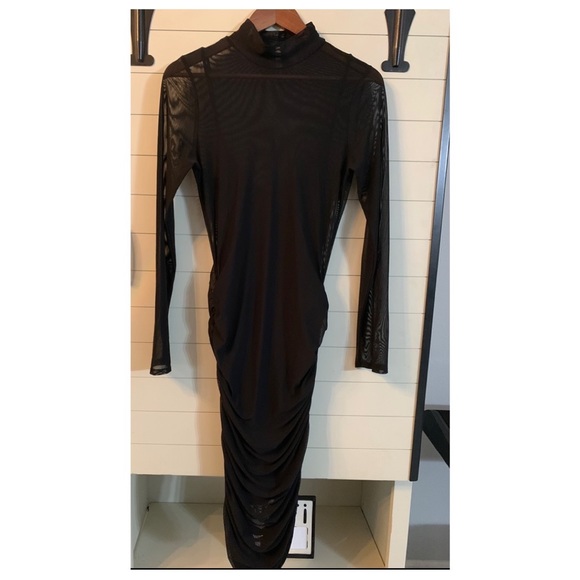 Ruched Mesh Mock Neck Midi Dress - Picture 2 of 3